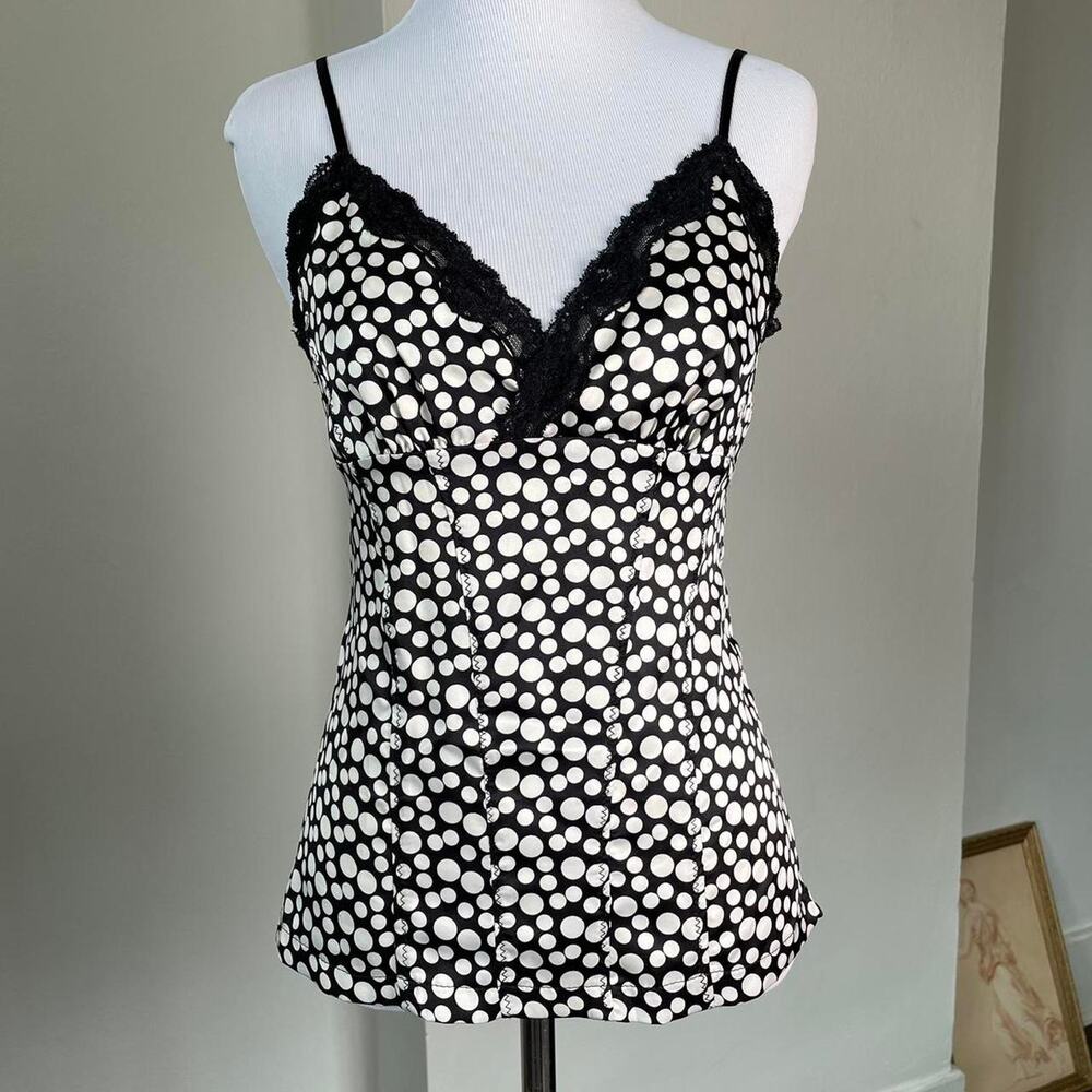 Vintage Y2K Black & White Polka Dot Lace Trim Camisole